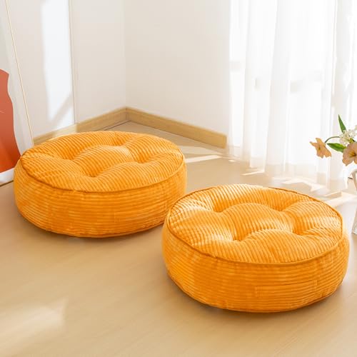 HIGOGOGO 6" Extra Thick Floor Pillow Cushion for Adults, Meditation Cushion Pillow, Large Round Floor Sitting, Tufted Corduroy Cover, for Tatami Living Room or Yoga, 22x22 Inch, 2Pack, Orange - color: Round Orange, size: 6" Thick(Pack of 2)