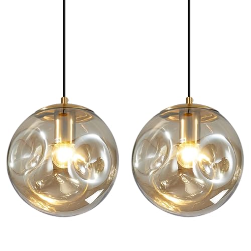 Modern Amber Concave Glass Pendant Light, 2-Pack Kitchen Island Lighting Single Globe Pendant Light Fixtures Century Kitchen Island Pendant Light for Bedroom Dining Room Light (Without Bulbs) - color: Amber-1 Light-2PC