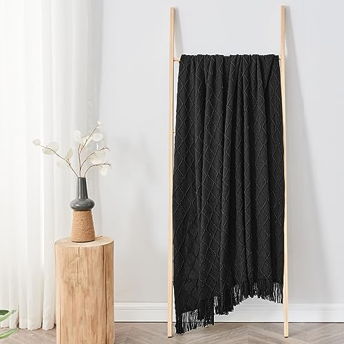 inhand Knitted Throw Blankets for Couch and Bed, Soft Cozy Knit Blanket with Tassel, Black Lightweight Decorative Blankets and Throws, Farmhouse Warm Woven Blanket for Men and Women, 50"x60" - color: Black, size: 50"x60"