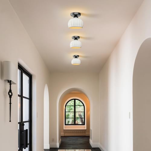 Black Semi Flush Mount Ceiling Light - 2 Pack, Glaze Ceramic Vintage Hallway Light Fixtures, Milk White Globe Ceiling Lights, Mid Century Small Light Fixture for Cottage Entryway Laundry Room Foyer - color: Glaze Ceramic-Black