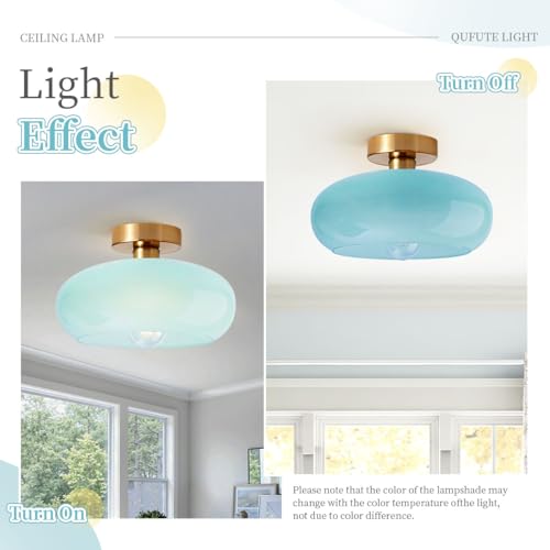 Blue Close to Ceiling Light Fixture Vintage Flush Mount Ceiling Lights 11" Round Thickened Glass Shade Gold Mid Century Semi Flush Mount Light Hallway Entrance Lighting Fixtures - color: Flush-Blue