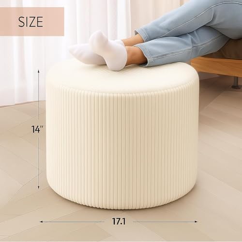 Corduroy White Ottoman Foot Rest Stool – Textured Boucle Corduroy Fabric Footstool with Soft Foam, Round Lightweight Pouf for Cozy Living Room, Bedroom – Warm White - color: Corduroy White