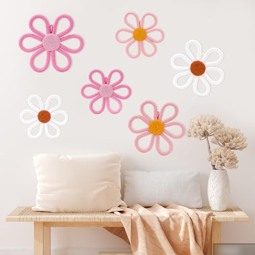 UwinVwin 6 Pcs Boho Daisy Wall Hanging, Woven Macrame Flower Decor, Bohemian Wall Art for Living Room, Bedroom, Home - color: 6 Pcs