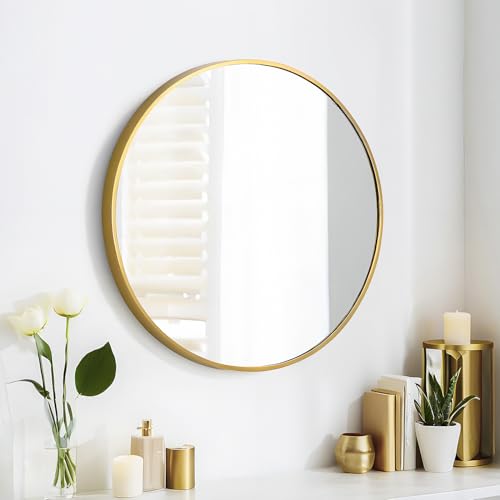 SCWF-GZ 20" Round Mirror Circle Wall Mounted Hanging or Against Wall Metal Frame Dressing Make-up Mirrors for Entryway Bedroom Bathroom Living Room 20 inch Gold - color: Gold, size: 20"L x 20"W