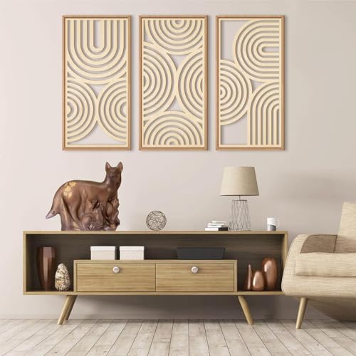 IARTTOP Large Boho Wood Wall Art Set of 3 Framed Wooden Mid-century Modern Wall Decor Minimalist Modern Abstract Geometric Decor for Living Room Bedroom Office-16x32 Inch - color: Beige Boho, size: 16 x 32 inches
