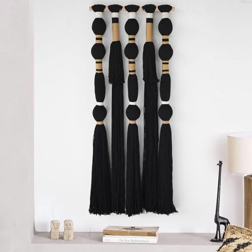 Flber Macrame Wall Hanging Black Sphericity Cotton Tassels Textile Hanging Geometric Yarn Wall Art for Bedroom Living Room Decor 15.7" W x 39" L - color: Black1