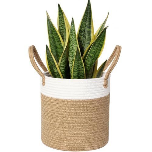 Woven Basket for Plant, 11"x11" Planter Basket for 10" Pot, Indoor Boho Artificial Tree Planter, Round 10 inch Flower Pot Cover, Rattan Holder with Handle for Plants, Jute Spliced Cotton Rope - color: White and Beige