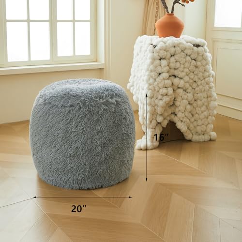 XeGe Fluffy Faux Fur Inflatable Pouf Ottoman, Soft Portable Shaggy Fuzzy Foot Stool, Gray Plush Furry Foot Rest Floor Pouf, Round Ottoman Cushion Living Room Bedroom Patio Dorm Desk, Light Grey - color: Light Grey, size: 20"x20"x16"