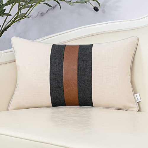Yangest Patchwork Pillow Cover 12x20 Inch Luxury Cotton and Linen Cushion Cover Faux Leather Pillowcover for Couch Bedroom Living Room, White - color: L-white, size: 20" x 12" (Pack of 1)