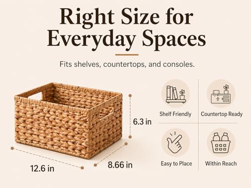 Wicker Storage Basket, Water Hyacinth Basket for Organizing, Rectangular Wicker Storage Baskets for Shelves, Small Wicker Basket with Built-in Handles, Natural, 12.6 x 8.66 x 6.3 Inch