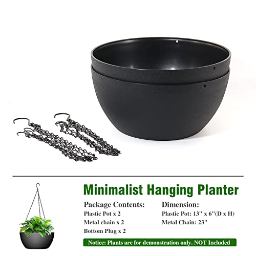 WSMKSZ 13 inch Large Hanging Planters Plant Pots for Outdoor Indoor Plants with Drainage Holes and Chain, 2 Pack Round Hanging Flower Pots for Garden Home Porch Decor, Black - color: Black, size: 13inch 2pcs