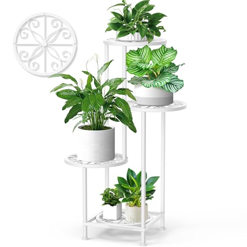 4 Tier Plant Stand Indoor Outdoor, Metal Flower Shelf Display Holder, Multiple Plants Corner Tall Flower Holders for Patio Balcony Porch Garden Living Room (White) - color: White, size: 4 Tier