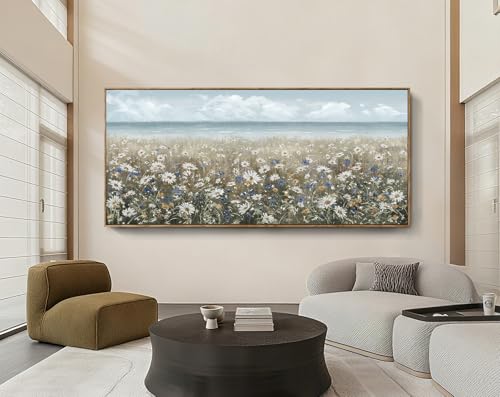 Extra Large Framed Wall Art Blue Seaside And White Flower Wall Decor Farmhouse Art Work Natural Scenery Prints Modern Landscape Picture For Living Room Bedroom Office Hallway 86"x39" - color: Coastal Flower Sea Art, size: 86"L x 39"W