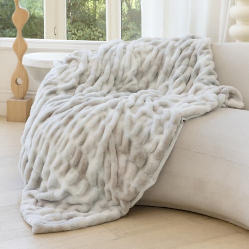 Faux Rabbit Fur Throw Blanket, Ultra Soft Plush Cozy Blanket for Couch Bed, Thick Fluffy Ruched Tie-Dye Decorative Blanket, Giftable,50"x60",Tie-Dye Cream Beige - color: Tie-dye Cream Beige, size: Throw(50"x60")