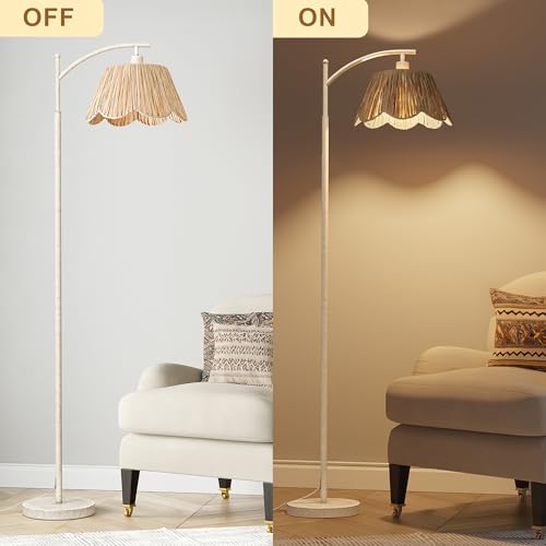Oneach Farmhouse Floor Lamps for Living Room, Boho Floor Lamp for Bedroom with Foot Switch, Rattan Floor Lamp for Reading with Hand-Woven Shade, Antique White Metal Base & Pole - color: Washed White