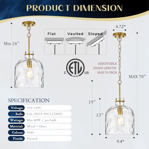 Modern Gold Pendant Light – 10" Dome Glass Hanging Light Fixture, Single E26 Pendant Lighting for Kitchen Island, Dining Room, Bedroom, Hallway, Adjustable Ceiling Lamp - color: Gold-Medium