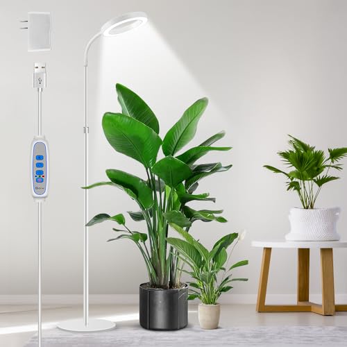 Aumtrly Floor Grow Lights for Indoor Plants, Full Spectrum Plant Light with 68" Stand for Growing Large Tall Plants, White Halo Grow Lamp with 6/12/16H Timer, 3 Light Modes, 5 Dimming - size: 1 head 68inch/white