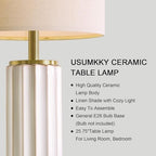 USumkky 25.75" Off-White Ceramic Table Lamp Set of 2, Mid Century Modern Bedside Nightstand Lamps for Bedroom Living Room, Linen Shade & Gold Metal Base, Rotary Switch E26 (Bulbs Excluded) - color: 25.75" Fluted Column-2 Pack