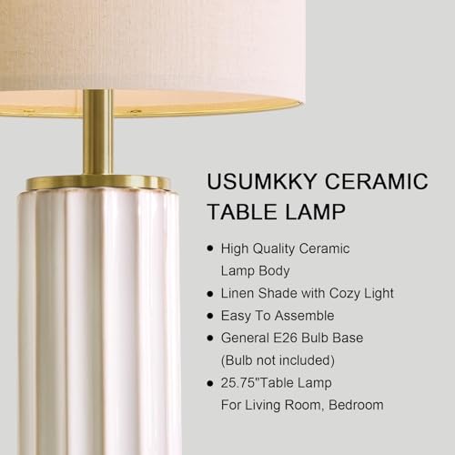 USumkky 25.75" Off-White Ceramic Table Lamp Set of 2, Mid Century Modern Bedside Nightstand Lamps for Bedroom Living Room, Linen Shade & Gold Metal Base, Rotary Switch E26 (Bulbs Excluded) - color: 25.75" Fluted Column-2 Pack