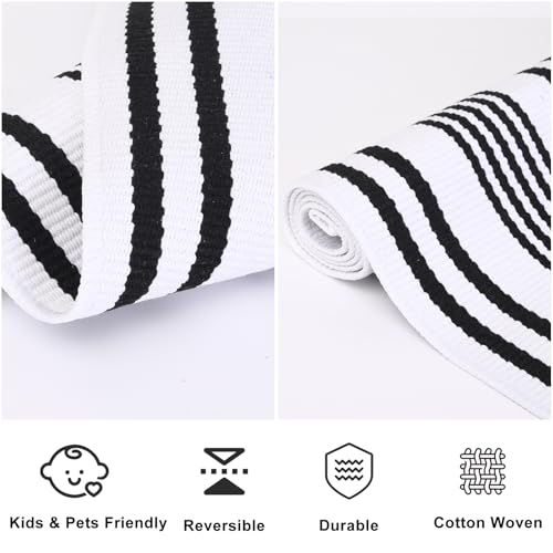Black and White Striped Rugs, 28”x 43” Outdoor Indoor Front Porch Door Mats Cotton Hand-Woven Layered Area Rug Doormat for Entryway Patio Entryway Laundry Bedroom Living Room