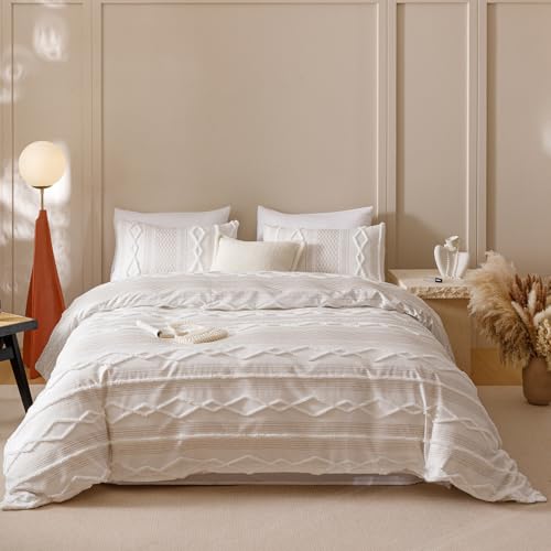 Wellboo Beige Tufted Jacquard Boho Comforter Set Twin Size Cream Khaki Bedding Set Shabby Chic All Season Quilt Women Men Oatmeal Farmhouse Embroidery Blanket Soft Adult Broken Line Wave Geometry Bed - color: 6-white, size: Twin-68"*90"