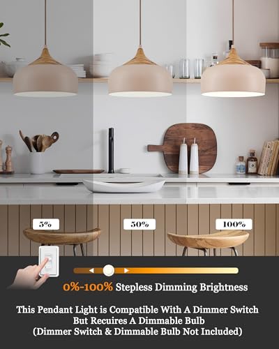 ELYONA 12 Inch Modern Japandi Pendant Light for Kitchen Island Farmhouse Hanging Lamp with Faux Pine Wood Grain Metal Shade, Adjustable Wabi Sabi Ceiling Fixture for Dining Room Bedroom,Light Brown - color: Light Brown