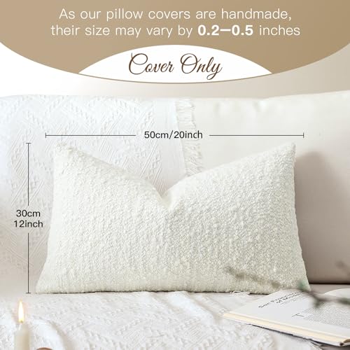 Artscope Lumbar Throw Pillow Cover 12x20 Inch Set of 2 Super Thick Pillow Cover Decorative Boucle Textured Neutral Italian Style Pillowcase for Bedroom Living Room Couch Sofa Home Décor-Beige+White - color: Beige+white, size: 20" x 12" (Pack of 2)