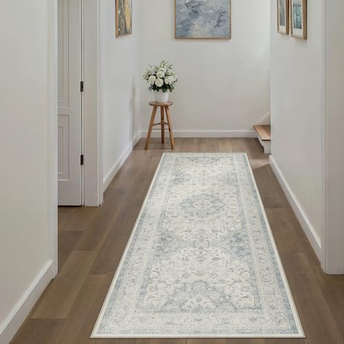 2x6 Blue Washable Vintage Runner Rug for Living Room Bedroom Soft Tranditional Non Slip Runner Area Rug Lightweight Floral Low Pile Distressed Runner Kitchen Hallway Bedroom Bathroom - color: Vintage | Blue, size: 2'x6'
