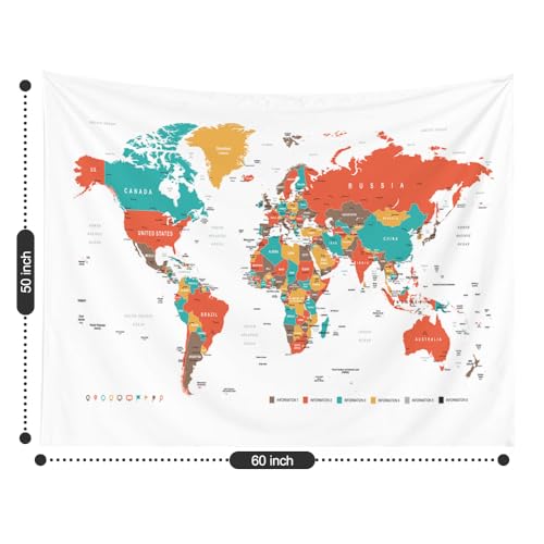 CAPSCEOLL College Wall Decor, Cute World Map Tapestry 60X50 Inches, Red Hanging Map Tapestry - color: White Orange, size: 60"L x 50"W