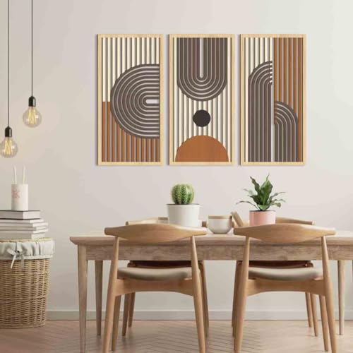 IARTTOP Mid century Modern Decor 16x32 Inch Large Boho Wood Wall Art Abstract Wooden Wall Decor Minimalist Bohemian Orange Artwork for Living Room Bedroom Office Set of 3 - color: Brown boho, size: 16 x 32 inches