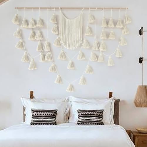 Jakalin Macrame Wall Hanging Boho Tassel Garland 57"x39" | Handmade Cotton Rope Wall Decor for Living Room, Bedroom, Nursery | Large Macrame Banner for Wedding Backdrop, Home Decoration - color: Ivory