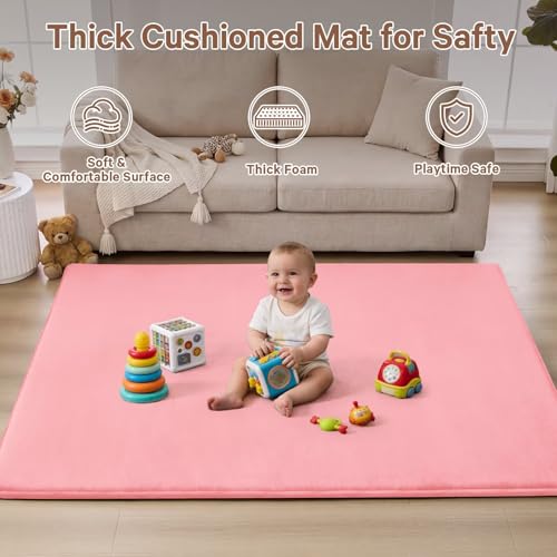 Baby Play Mat for Floor,Ultra Thick Elastic Foam 74"x50" Playmat Tummy Time Muscle Crawling Exercise Activity Cushion Gym Mat Nursery Playroom Area Kids Rug for Babies, Toddlers,Infants,Pink - color: Pink, size: 74"x50"