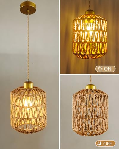 Boho Pendant Light, 6″ Hanging Lamp with Rattan Cylinder Lamp Shade, Small Wicker Pendant Lights Fixture, Rattan Chandelier Woven Pendant Lamp for Kitchen Island Dining Room Bedroom Hallway - color: 5.9″-Cylindrical