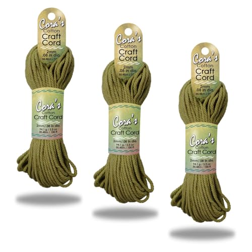 Cora's Cotton Macrame Cord | 2mm x 100ft 3-Pack | Braided Cotton Cord for Macrame | Macrame, DIY Crafts, Plant Hangers, Wall Hanging, Crochet | Durable, Long Lasting, Vibrant (Moss) - color: Moss