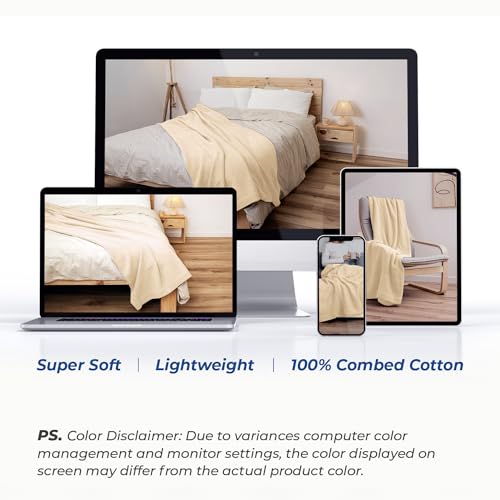 THREAD SPREAD Organic GOTS Certified Cotton Blanket, Twin/Twin XL - 350 GSM, Antistatic, Fuzzy Soft, Lightweight, Sofa, Camping & Travel, All-Season Herringbone Throw, Biege + Stylish Bonus Tote Bag - color: Herringbone - Beige, size: Twin / Twin XL