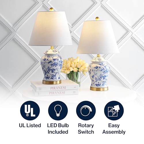 JONATHAN Y 22" Blue/White Ceramic Table Lamp, French Country Chinoiserie Ginger Jar LED Bedside Lamp for Living Room Bedroom, White Linen Shade (JYL3005A-SET2) - color: Blue/White, size: Set of 2