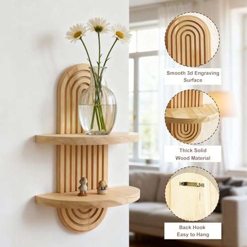 Artilady 2 Pack Shelf Wall Decor Boho Wood Floating Shelves Plant Holder 2-Tier Trinket Storage Rack Rainbow Hanging Room Decor for Home Bedroom Living Room Nursery Office - color: 2 Beige