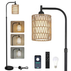 LAMSU Floor Lamp with Remote, Dimmable Rattan Floor Lamp with LED Bulb, Industrial Black Tall Pole Lamp with Rattan & Fabric Shades, Boho Farmhouse Standing Lamps for Living Room Bedroom Office - color: Black