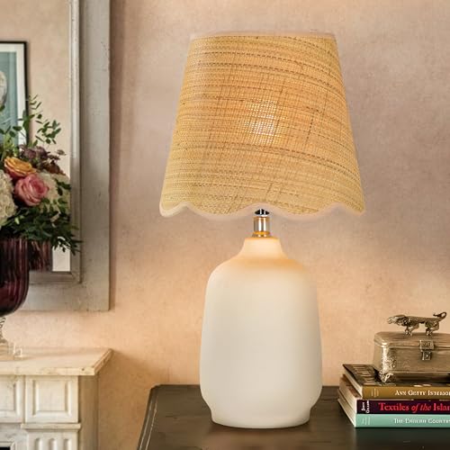 Pia Ricco 19" Modern Ceramic Table Lamp for Living Room Cream Base Desk Lamps for Bedroom Farmhouse Bedside Nightstand Lamp End Table Lamps,Beige,Rattan Shade - color: Grey Cream Base