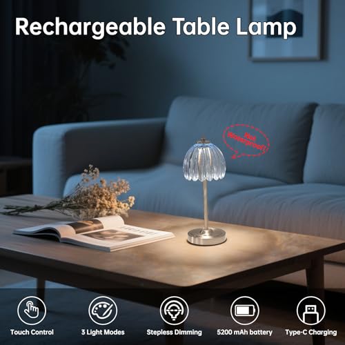 Shenmoyl Rechargeable Table Lamp with 5200mAh Battery & Touch Control - 3 Adjustable Color Temperatures, Cordless Dimmable Table Light for Bedroom, Office Desk, Nightstand(Clear Light Blue,1 Pack) - color: Clear Light Blue, size: 1 Pack
