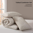 Oatmeal Tufted King Comforter Set 3 Pieces | Boho Farmhouse Bedding, All Season, Soft Microfiber, For Women Girls Teens