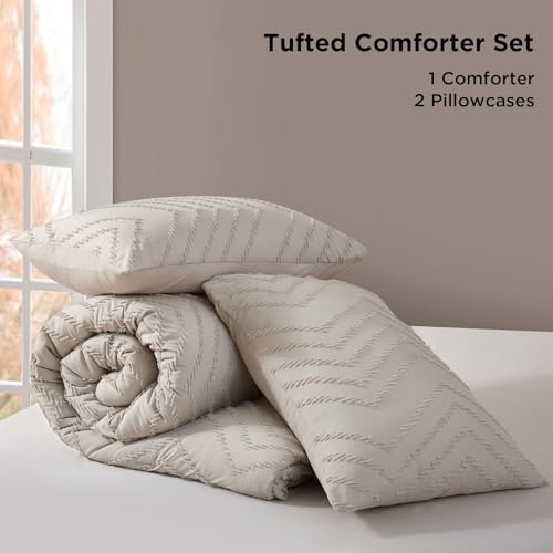Oatmeal Tufted King Comforter Set 3 Pieces | Boho Farmhouse Bedding, All Season, Soft Microfiber, For Women Girls Teens