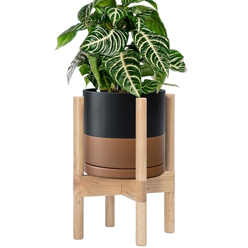 D'vine Dev Ceramic Planter with Natural Stand - 8 Inch Modern Round Flower Pot with Wood Planter Holder, Black/Speckled Tan, 55-B-N-7 - color: Black/Speckled Tan Pot + Natural Stand, size: 8 Inch