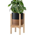 D'vine Dev Ceramic Planter with Natural Stand - 8 Inch Modern Round Flower Pot with Wood Planter Holder, Black/Speckled Tan, 55-B-N-7 - color: Black/Speckled Tan Pot + Natural Stand, size: 8 Inch