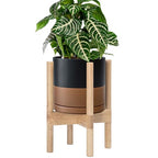D'vine Dev Ceramic Planter with Natural Stand - 8 Inch Modern Round Flower Pot with Wood Planter Holder, Black/Speckled Tan, 55-B-N-7 - color: Black/Speckled Tan Pot + Natural Stand, size: 8 Inch