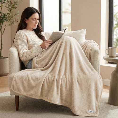 Fleece Throw Blanket 50" x 70" - Soft Cozy Microfiber Plush Blanket, Lightweight Warm Throw for Couch Bed Sofa Chair, All Season Use, Beige - color: Beige