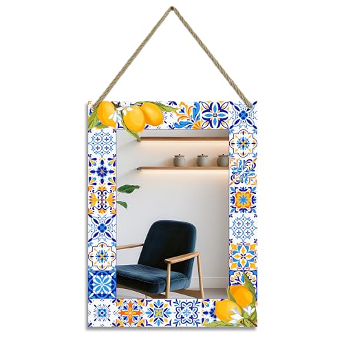 Rectangle Mirror for Wall, 12"x16" Decorative Wall Mirror, Lemon Blue Mosaic Mirrors, Wall Mirrors Decor with Hanging Rope for Living Room, Entryway - color: Lemon Yellow