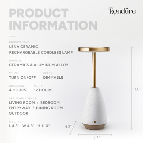 RONDURE 11.0" Ceramic Cordless Table Lamp, Portable Rechargeable Table lamp, Touch Dimmable Warm Ambient Lighting for Living Room, Bedroom, Dining Room, Fast Charging & Long Lasting - style: Lena