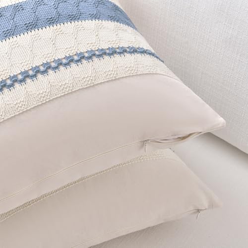 Fancy Homi Set of 2 Boho Light Blue Decorative Throw Pillow Cover 16x16 Inch for Couch Bed Sofa, Aesthetic Modern Organic Farmhouse Home Decor, Soft Cotton Cute Accent Macrame Woven Cushion Case - color: Light Blue, size: 16" x 16" (Pack of 2)