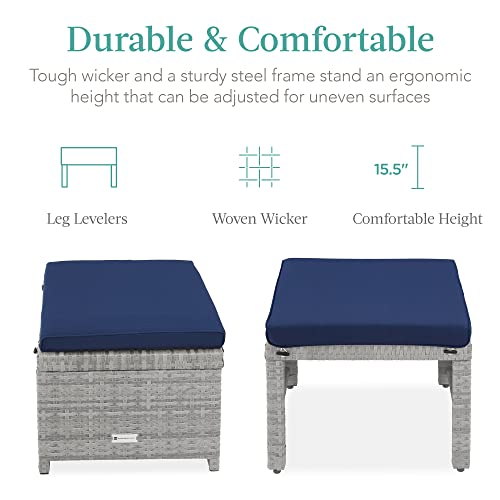 Best Choice Products Set of 2 Wicker Ottomans, Multipurpose Outdoor Furniture for Patio, Backyard, Additional Seating, Footrest, Side Table w/Removable Cushions, Steel Frame - Gray/Navy - color: Gray/Navy